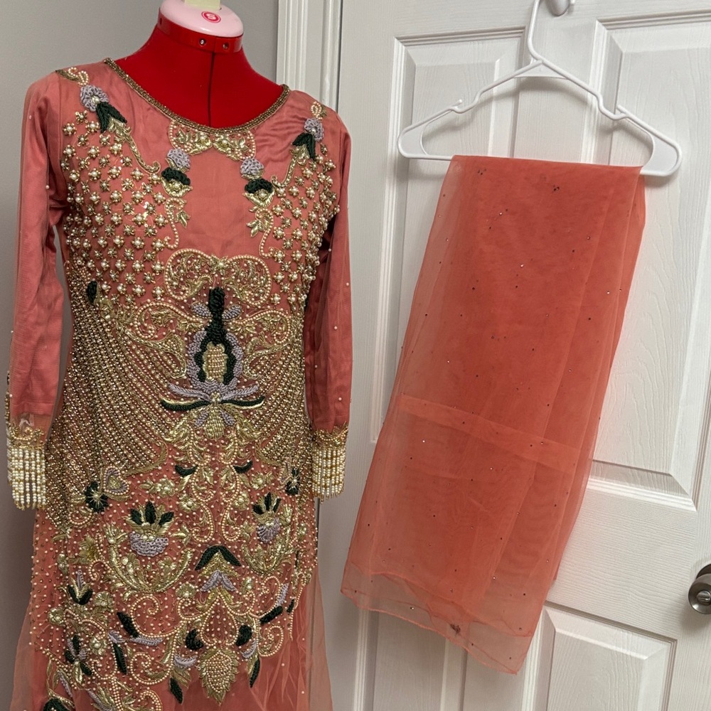 Embroidered Coral Formal Dress with Beaded Detail